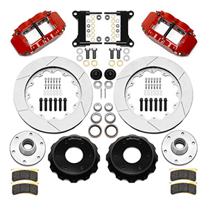 Wilwood Forged Narrow Superlite 6R Big Brake Front Brake Kit (6 x 5.50 Hub) Parts Laid Out - Red Powder Coat Caliper - GT Slotted Rotor