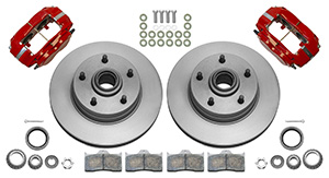 Wilwood Classic Series Dynalite Front Brake Kit Parts Laid Out - Red Powder Coat Caliper - Plain Face Rotor