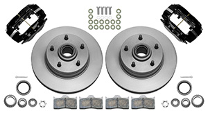 Wilwood Classic Series Dynalite Front Brake Kit Parts Laid Out - Black Powder Coat Caliper - Plain Face Rotor