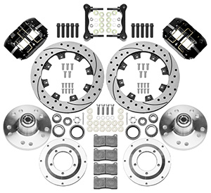 Wilwood Dynapro Radial Big Brake Front Brake Kit (Hub) Parts Laid Out - Black Powder Coat Caliper - SRP Drilled & Slotted Rotor