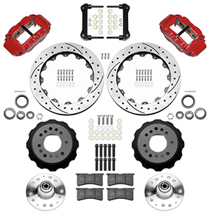 Wilwood Forged Narrow Superlite 6R Big Brake Front Brake Kit (Hub) Parts Laid Out - Red Powder Coat Caliper - SRP Drilled & Slotted Rotor