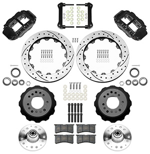 Wilwood Forged Narrow Superlite 6R Big Brake Front Brake Kit (Hub) Parts Laid Out - Black Powder Coat Caliper - SRP Drilled & Slotted Rotor