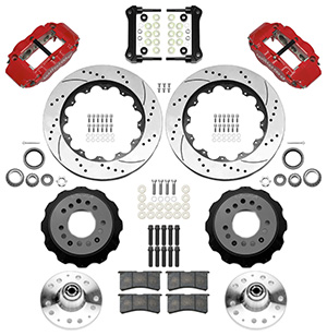 Wilwood Forged Narrow Superlite 6R Big Brake Front Brake Kit (Hub) Parts Laid Out - Red Powder Coat Caliper - SRP Drilled & Slotted Rotor