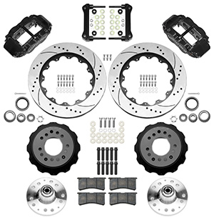 Wilwood Forged Narrow Superlite 6R Big Brake Front Brake Kit (Hub) Parts Laid Out - Black Powder Coat Caliper - SRP Drilled & Slotted Rotor