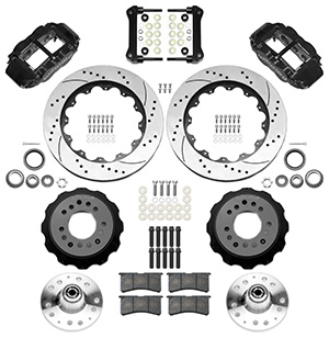 Wilwood Forged Narrow Superlite 6R Big Brake Front Brake Kit (Hub) Parts Laid Out - Black Powder Coat Caliper - SRP Drilled & Slotted Rotor