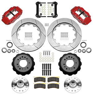 Wilwood Forged Narrow Superlite 6R Big Brake Front Brake Kit (Hub) Parts Laid Out - Red Powder Coat Caliper - GT Slotted Rotor