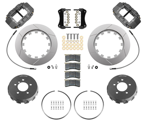 Wilwood Forged Superlite 6R Big Brake Lug Drive Front Brake Kit (Race) Parts Laid Out - Type III Anodize Caliper - GT Slotted Rotor