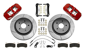 Wilwood AERO4 Big Brake Truck Rear Brake Kit Parts Laid Out - Red Powder Coat Caliper - GT Slotted Rotor