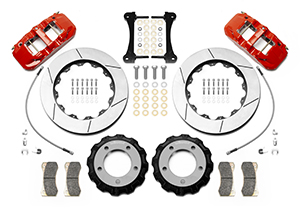 Wilwood AERO6 Big Brake Truck Front Brake Kit Parts Laid Out - Red Powder Coat Caliper - GT Slotted Rotor