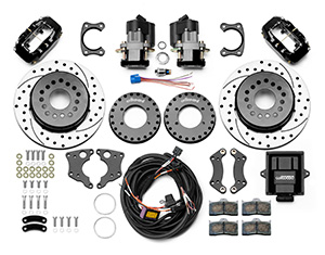 Wilwood Forged Dynalite Rear Electronic Parking Brake Kit Parts Laid Out - Black Powder Coat Caliper - SRP Drilled & Slotted Rotor