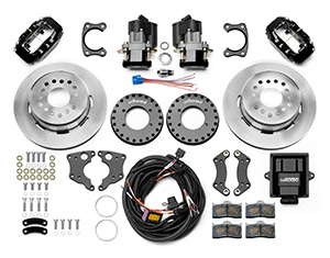 Wilwood Forged Dynalite Rear Electronic Parking Brake Kit Parts Laid Out - Black Powder Coat Caliper - Plain Face Rotor