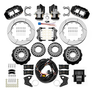 Wilwood Forged Narrow Superlite 4R Big Brake Rear Electronic Parking Brake Kit Parts Laid Out - Black Powder Coat Caliper - GT Slotted Rotor