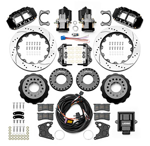 Wilwood Forged Narrow Superlite 4R Big Brake Rear Electronic Parking Brake Kit Parts Laid Out - Black Powder Coat Caliper - SRP Drilled & Slotted Rotor