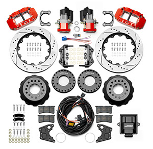 Wilwood Forged Narrow Superlite 4R Big Brake Rear Electronic Parking Brake Kit Parts Laid Out - Red Powder Coat Caliper - SRP Drilled & Slotted Rotor