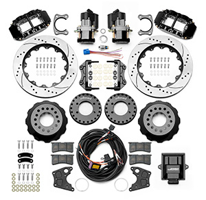 Wilwood Forged Narrow Superlite 4R Big Brake Rear Electronic Parking Brake Kit Parts Laid Out - Black Powder Coat Caliper - SRP Drilled & Slotted Rotor