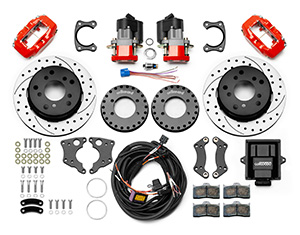 Wilwood Forged Dynalite Rear Electronic Parking Brake Kit Parts Laid Out - Red Powder Coat Caliper - SRP Drilled & Slotted Rotor