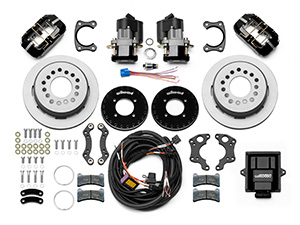 Wilwood Forged Dynapro Low-Profile Rear Electronic Parking Brake Kit Parts Laid Out - Black Powder Coat Caliper - Plain Face Rotor