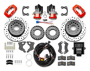 Wilwood Forged Dynalite Rear Electronic Parking Brake Kit Parts Laid Out - Red Powder Coat Caliper - SRP Drilled & Slotted Rotor