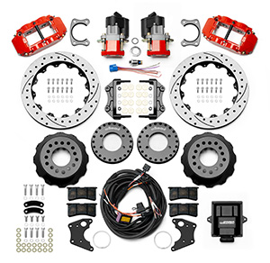 Wilwood Forged Narrow Superlite 4R Big Brake Rear Electronic Parking Brake Kit Parts Laid Out - Red Powder Coat Caliper - SRP Drilled & Slotted Rotor