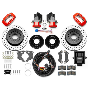 Wilwood Forged Dynalite Rear Electronic Parking Brake Kit Parts Laid Out - Red Powder Coat Caliper - SRP Drilled & Slotted Rotor