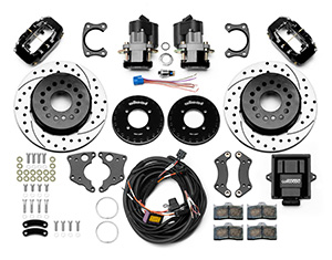 Wilwood Forged Dynalite Rear Electronic Parking Brake Kit Parts Laid Out - Black Powder Coat Caliper - SRP Drilled & Slotted Rotor