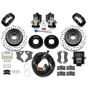 Wilwood Forged Dynalite Rear Electronic Parking Brake Kit Parts Laid Out - Black Powder Coat Caliper - SRP Drilled & Slotted Rotor