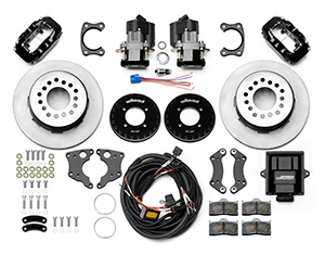 Wilwood Forged Dynalite Rear Electronic Parking Brake Kit Parts Laid Out - Black Powder Coat Caliper - Plain Face Rotor