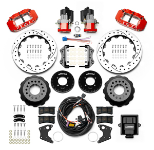 Wilwood Forged Narrow Superlite 4R Big Brake Rear Electronic Parking Brake Kit Parts Laid Out - Red Powder Coat Caliper - SRP Drilled & Slotted Rotor