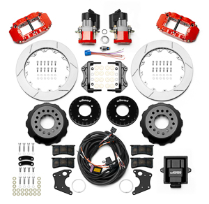 Wilwood Forged Narrow Superlite 4R Big Brake Rear Electronic Parking Brake Kit Parts Laid Out - Red Powder Coat Caliper - GT Slotted Rotor