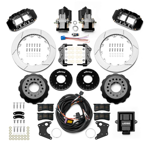 Wilwood Forged Narrow Superlite 4R Big Brake Rear Electronic Parking Brake Kit Parts Laid Out - Black Powder Coat Caliper - GT Slotted Rotor