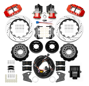Wilwood Forged Narrow Superlite 4R Big Brake Rear Electronic Parking Brake Kit Parts Laid Out - Red Powder Coat Caliper - SRP Drilled & Slotted Rotor
