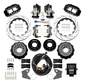 Wilwood Forged Narrow Superlite 4R Big Brake Rear Electronic Parking Brake Kit Parts Laid Out - Black Powder Coat Caliper - SRP Drilled & Slotted Rotor