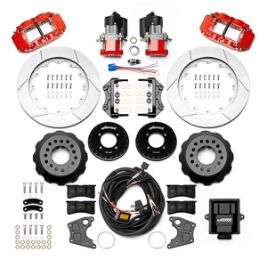 Wilwood Forged Narrow Superlite 4R Big Brake Rear Electronic Parking Brake Kit Parts Laid Out - Red Powder Coat Caliper - GT Slotted Rotor