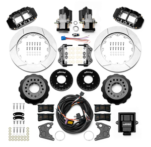 Wilwood Forged Narrow Superlite 4R Big Brake Rear Electronic Parking Brake Kit Parts Laid Out - Black Powder Coat Caliper - GT Slotted Rotor