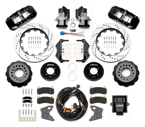 Wilwood AERO4 Big Brake Rear Electronic Parking Brake Kit Parts Laid Out - Black Powder Coat Caliper - SRP Drilled & Slotted Rotor