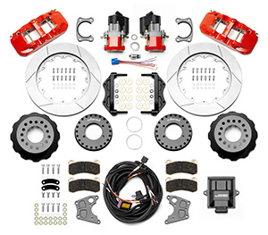 Wilwood AERO4 Big Brake Rear Electronic Parking Brake Kit Parts Laid Out - Red Powder Coat Caliper - GT Slotted Rotor