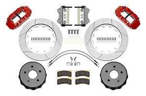 Wilwood Forged Narrow Superlite 4R Big Brake Rear Brake Kit For OE Parking Brake Parts Laid Out - Red Powder Coat Caliper - GT Slotted Rotor