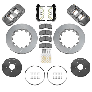 Wilwood AERO4 Big Brake Lug Drive Front Brake Kit (Race) Parts Laid Out - Type III Anodize Caliper - GT Slotted Rotor