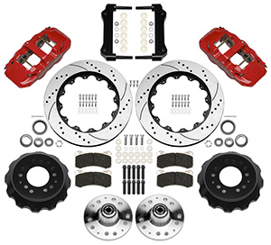 Wilwood AERO6 Big Brake Front Brake Kit Parts Laid Out - Red Powder Coat Caliper - SRP Drilled & Slotted Rotor