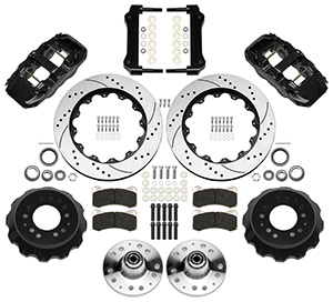 Wilwood AERO6 Big Brake Front Brake Kit Parts Laid Out - Black Powder Coat Caliper - SRP Drilled & Slotted Rotor