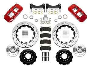 Wilwood AERO6 Big Brake Front Brake Kit Parts Laid Out - Red Powder Coat Caliper - SRP Drilled & Slotted Rotor