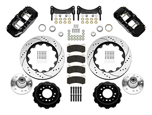 Wilwood AERO6 Big Brake Front Brake Kit Parts Laid Out - Black Powder Coat Caliper - SRP Drilled & Slotted Rotor