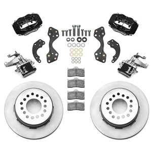 Wilwood Forged Dynalite-MC4 Rear Parking Brake Kit Parts Laid Out - Black Powder Coat Caliper - Plain Face Rotor