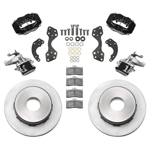 Wilwood Forged Dynalite-MC4 Rear Parking Brake Kit Parts Laid Out - Black Powder Coat Caliper - Plain Face Rotor