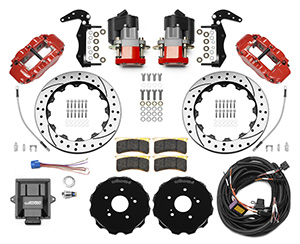 Wilwood Forged Narrow Superlite 4R Big Brake Rear Electronic Parking Brake Kit Parts Laid Out - Red Powder Coat Caliper - SRP Drilled & Slotted Rotor