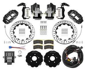 Wilwood Forged Narrow Superlite 4R Big Brake Rear Electronic Parking Brake Kit Parts Laid Out - Black Powder Coat Caliper - SRP Drilled & Slotted Rotor