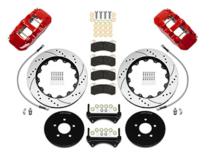 Wilwood AERO6 Big Brake Front Brake Kit Parts Laid Out - Red Powder Coat Caliper - SRP Drilled & Slotted Rotor