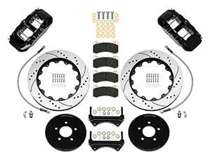 Wilwood AERO6 Big Brake Front Brake Kit Parts Laid Out - Black Powder Coat Caliper - SRP Drilled & Slotted Rotor