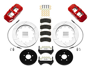 Wilwood AERO6 Big Brake Front Brake Kit Parts Laid Out - Red Powder Coat Caliper - GT Slotted Rotor