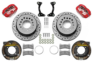 Wilwood Forged Dynapro Low-Profile Rear Parking Brake Kit Parts Laid Out - Red Powder Coat Caliper - SRP Drilled & Slotted Rotor